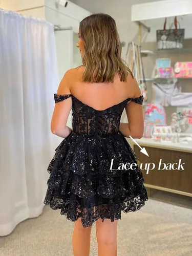 Vista 2 de Sevintage Vestidos de tul de encaje con hombros descubiertos, vestidos de fiesta formales escalonados 2023, 01-Negro