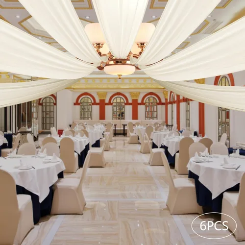 Vista 2 de DYRABREST Cortinas de techo de gasa para bodas, 6 paneles de 5 x 20 pies de largo, tela traslúcida de gasa beige para salas de recepción
