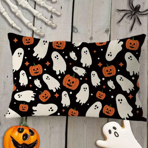 Vista 3 de GAGEC Fundas de almohada de Halloween de 12 x 20 pulgadas, funda de almohada de lino con calabazas fantasmas, fundas de almohada de lino