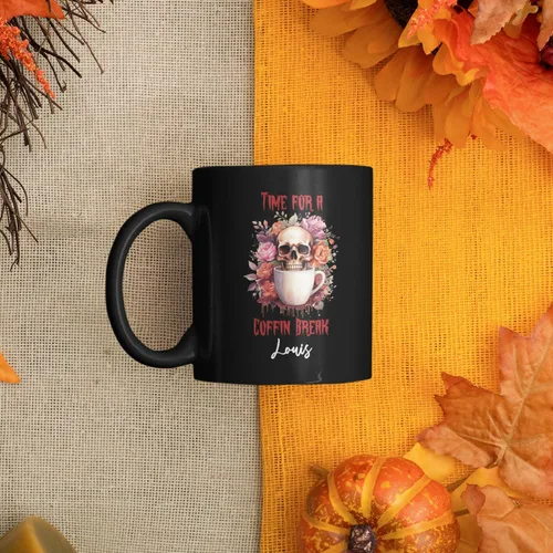 Vista 2 de Taza de café personalizada de Halloween 2023, taza de café de calavera floral, taza de Halloween personalizada con nombre, taza de cerámica floral