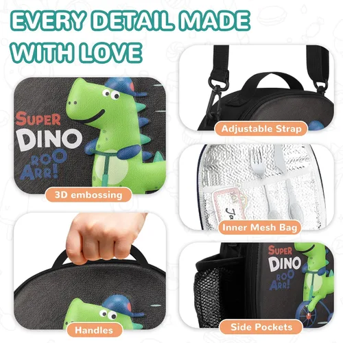 Vista 4 de Lonchera aislada para niños con correa de hombro ajustable impermeable, bolsa de almuerzo reutilizable para niñas y niños, bolsa térmica lavable