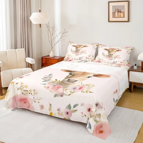 Vista 32 de Erosebridal Juego de sábanas de tamaño individual con diseño de gatos y gatos, con temática de animales, con flores coloridas, juego de sábanas