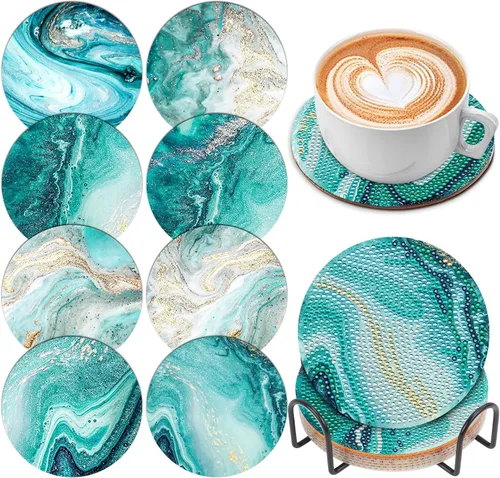 Vista 20 de Juego de 8 posavasos de arte de diamante para adultos con soporte de almohadillas de corcho, paisaje abstracto de bricolaje, arte de diamantes