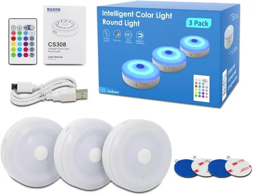 Vista 7 de Bason - Luminarias redondas recargables con control remoto, con luces que cambian de color. Iluminación LED ideal para colocar debajo de gabinetes.