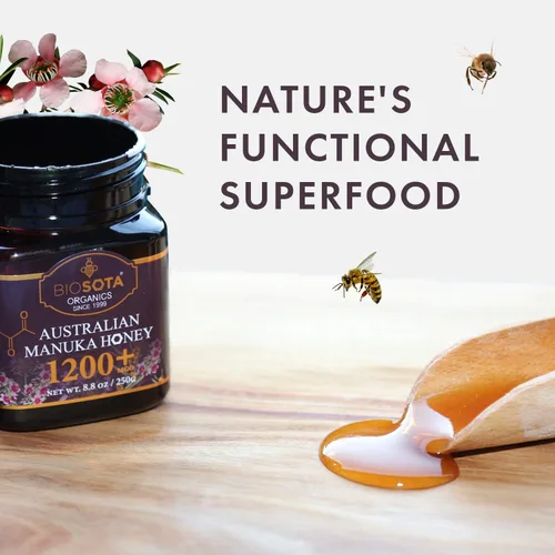 Vista 3 de BIOSOTA Miel de Manuka orgánica MGO 1200+ - Miel de Manuka de grado médico de Australia NPA/ULF 25+, miel pura 100% cruda sin calentar, 8.8 oz