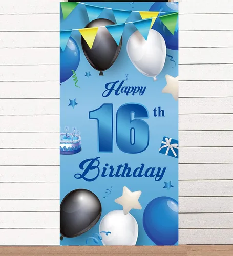 Vista 11 de Cartel azul de feliz cumpleaños número 11, globos de fondo de estrellas, confeti y saludos a los 11 años, decoración temática de puerta, porche