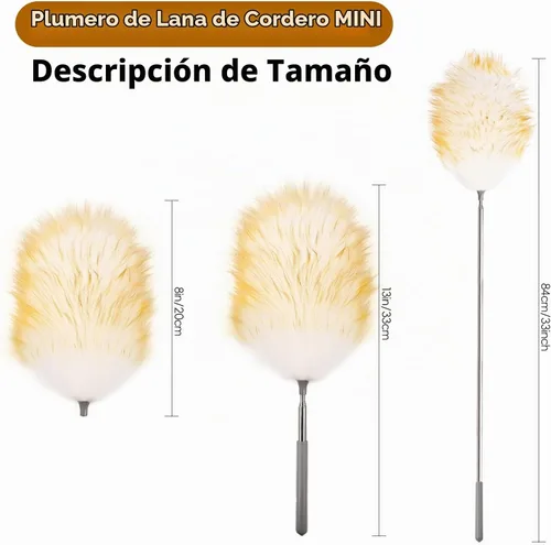 Vista 2 de Plumero de Plumas Mini, Plumeros Telescópicos de Lana de Cordero con Poste de Extensión de Acero Inoxidable de hasta 34 Pulgadas para Limpiar