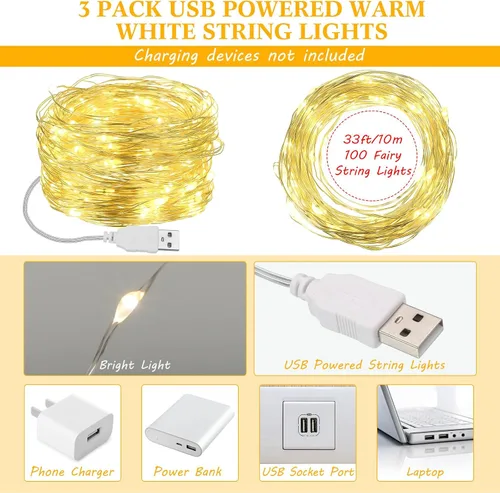 Vista 2 de Macarrie USB String Lights 33 ft 100 LED Fairy Lights Powered String for Christmas Indoor Outdoor Wedding Party Tree Home Festival Garden Black