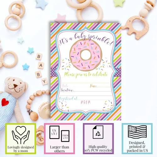 Vista 3 de Amanda Creation Donut Baby Sprinkle Invitaciones, paquete de 20 invitaciones de espolvoreo de bebé de 5 x 7, tarjetas de relleno de doble cara