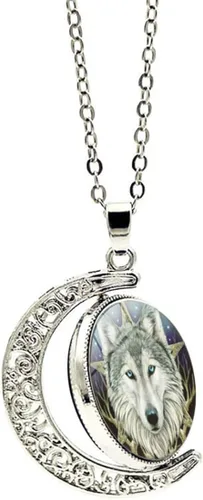 Vista 2 de DEQIYIJI Wolf Gifts - Collar con colgante de cabeza de lobo celta para mujeres, hombres, adolescentes, niñas, niños, media luna