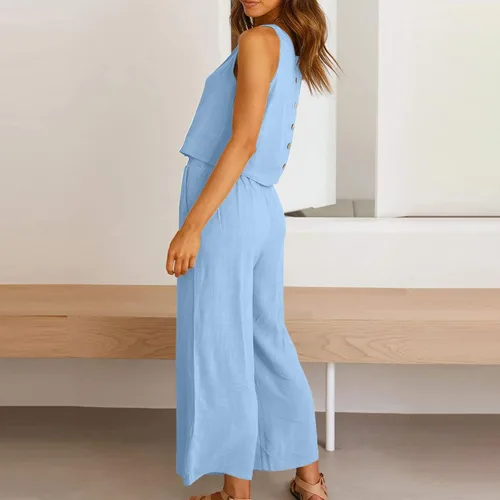 Vista 5 de Conjuntos de algodón y lino para mujer, conjunto de 2 piezas de verano, conjunto de pantalones de pierna ancha, bolsillos a juego, conjunto