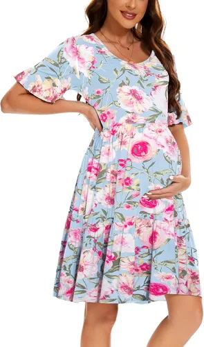 Vista 11 de Smallshow Vestido de maternidad para mujer, con volantes, manga corta, ropa de embarazo de verano Verde militar