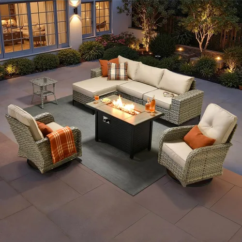 Vista 11 de HOOOWOOO Juego de muebles de patio de 5 piezas, sofá modular en forma de L para exteriores con mesa solar, mimbre PE para todo tipo de clima, sofá