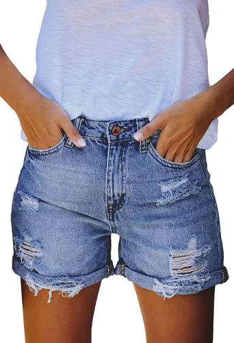 Vista 2 de HUUSA Pantalones cortos de mezclilla rasgados para mujer, cintura alta, desgastados, casuales, dobladillo enrollado, pantalones cortos con bolsillos