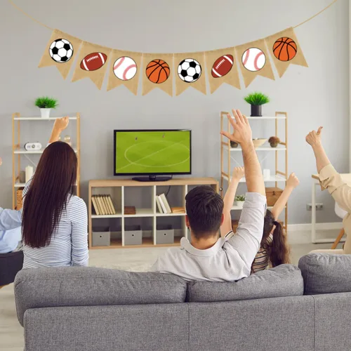 Vista 7 de Doumeny Banner deportivo de arpillera de béisbol, guirnalda de banderines de fiesta temática deportiva, pancarta colgante de fútbol americano