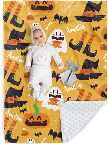 Vista 22 de Manta de Halloween personalizada, diseños de dibujos animados con nombre personalizable, manta de franela de felpa suave con respaldo punteado