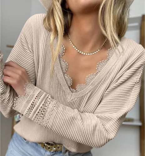 Vista 5 de Blusa de punto de poliéster con cuello en V y manga larga para mujer, suéter de encaje para otoño e invierno