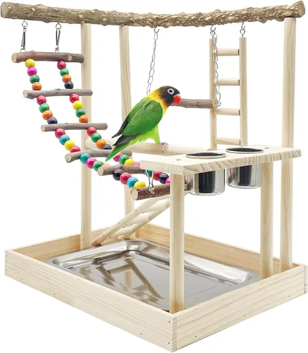 Vista 10 de Hamiledyi Parque de Loros Juguetes de Pájaros Soporte de Madera Ejercicio Perca Gimnasio con Tazas Alimentadoras Juguetes para Cacatúas con Escalera