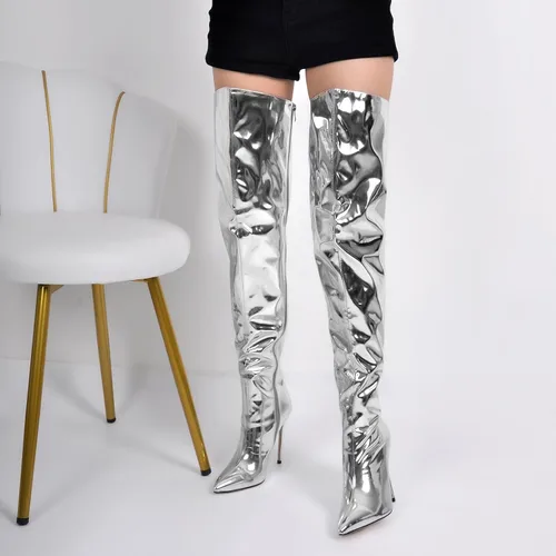 Vista 3 de richealnini Botas altas metálicas hasta el muslo con cremallera lateral, sexy, cerrada, puntiaguda, tacones de aguja, botas de motociclista, vestido