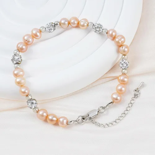 Vista 7 de Rosedate Pulsera de perlas naturales con incrustaciones de diamantes, pulsera de flores doradas, elegante y exquisita para mujeres y niñas, regalo