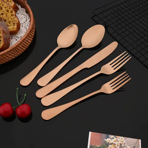 Vista 3 de JASHII Juego de cubiertos de acabado satinado, 20 piezas, servicio para 4, juego de cubiertos de titanio, juego de utensilios de cobre mate, incluye
