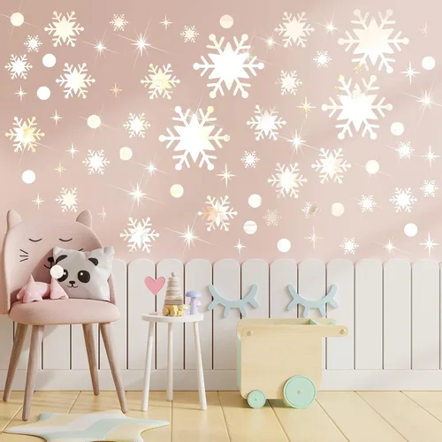 Vista 3 de Outus 193 calcomanías de pared de espejo de copo de nieve de Navidad, calcomanías de pared extraíbles de espejo acrílico 3D, decoración