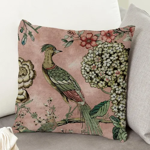 Vista 5 de ArogGeld Fundas de almohada de granja de camelia y pavo real, color rosa, rubor, chinoiserie, pájaro, blanco, lino, funda de cojín chinoiserie