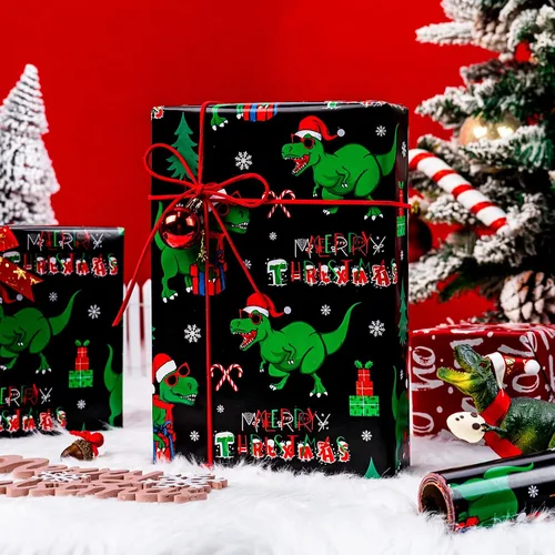 Vista 2 de Homeral Rollo de papel de regalo de Navidad de dinosaurio para niños, dinosaurio negro fresco con decoraciones y letras rojas, envoltura de regalo