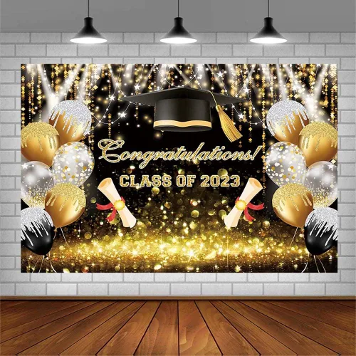 Vista 3 de AIBIIN Fondo de globo Bokeh con purpurina de 7 x 5 pies para la clase de 2023, color negro y dorado con purpurina Bokeh, felicitaciones por fiesta