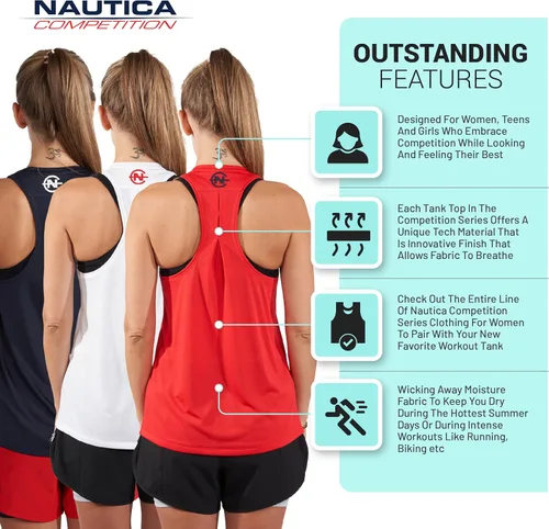 Vista 4 de Nautica Paquete de 3 camisetas sin mangas de entrenamiento para mujer, atléticas activas, gimnasio, entrenamiento, correr, ejercicio, yoga, tela