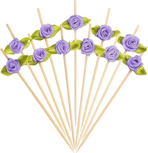 Vista 16 de Minisland Palillos de cóctel de flores de rosas multicolores, palillos de bambú de 4.7 pulgadas de largo para aperitivos, despedida de soltera