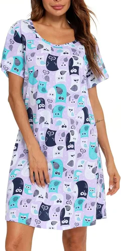 Vista 2 de ENJOYNIGHT - Camisones de algodón para mujer, tallas extragrandes, camisa de dormir de manga corta con estampado