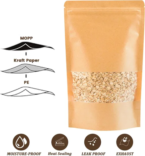 Vista 6 de 100 bolsas de papel kraft con ventana (3.6 x 5.5 pulgadas), bolsas de papel resellables para almacenamiento de alimentos, bolsa de regalo