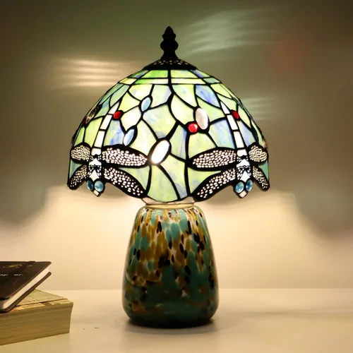 Vista 7 de Lámpara de mesa de hongo Tiffany estilo libélula lámpara de acento de vidrio teñido azul marino base de vidrio marrón azul 8X8X12 pulgadas
