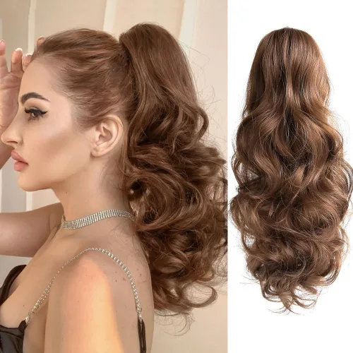 Vista 9 de Extensión de cola de caballo de garra negra natural ondulada de 16 pulgadas, extensiones de cabello sintético rizado con clip, extensiones