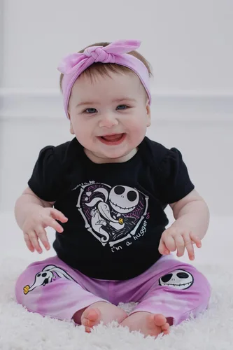 Vista 2 de Disney Nightmare Before Christmas Zero Sally Jack Skellington - Conjunto de traje de 3 piezas para bebé niña con pantalones y diadema
