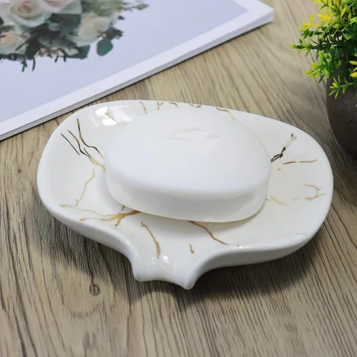 Vista 7 de Jabonera de cerámica con textura de mármol dorado, jabonera autodrenante, ranura de cascada, accesorios de baño para baño, cocina, mostrador de bar.