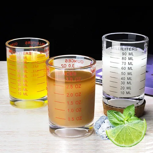 Vista 3 de Taza medidora de vidrio de chupito, 3 onzas/3.0 fl oz, taza de vidrio de café expreso pesado líquido, 2 piezas (negro 3.0 fl oz, 2 unidades)
