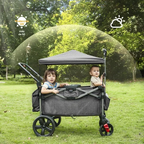 Vista 2 de EVER ADVANCED - Carros plegables para dos niños y carga, carro plegable colapsable con mango ajustable, toldo extraíble con arnés de 5 puntos, negro