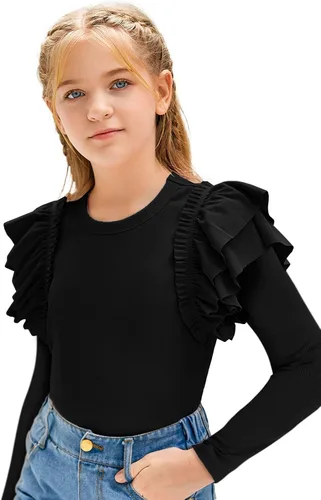 Vista 3 de rrhss Camisas de manga larga con volantes para niñas, con cuello redondo, de punto acanalado