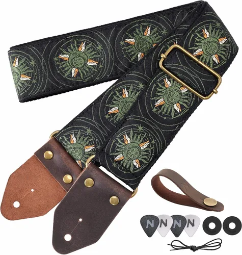 Vista 32 de Nefelibata Correa de guitarra, correas de guitarra de algodón bordado jacquard con extremos de cuero de caballo loco para bajo, eléctrico