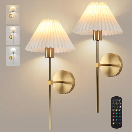 Vista 9 de Juego de 2 apliques de pared inalámbricos, pantallas plisadas recargables que funcionan con batería, luces de pared retro industriales doradas