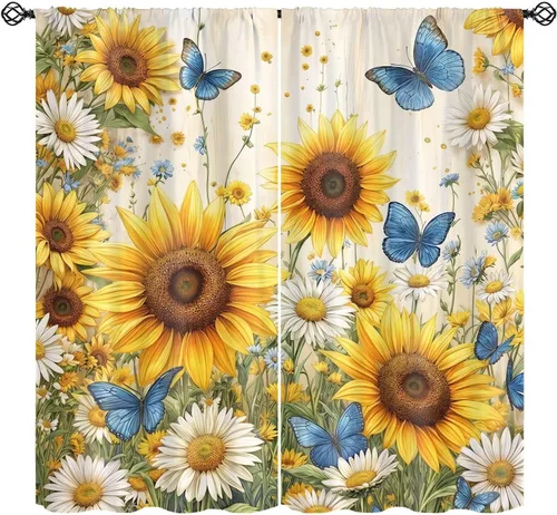 Vista 11 de Sunflower Curtains for Living Room Bedroom, Spring Nature Blue Sky and Butterfly Window Drapes, Rustic Wooden Fence Floral Botanical Decor, 2 Panels