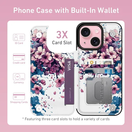 Vista 2 de FUNMIKO Funda tipo cartera para iPhone 15 con tarjetero + clip para efectivo, bloqueo RFID, protección contra caídas de grado militar y obras
