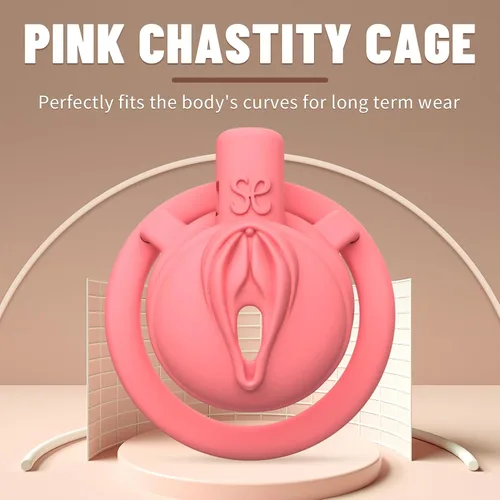 Vista 2 de Lock Love Dispositivos de castidad masculina, jaula para pene mariquita, jaula de pene de virginidad plana, impresa en 3D, ligera, rosa, realista