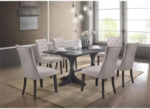 Vista 2 de Best Quality Furniture Juego de comedor de madera gris 7pc con asientos de tela de lino gris claro
