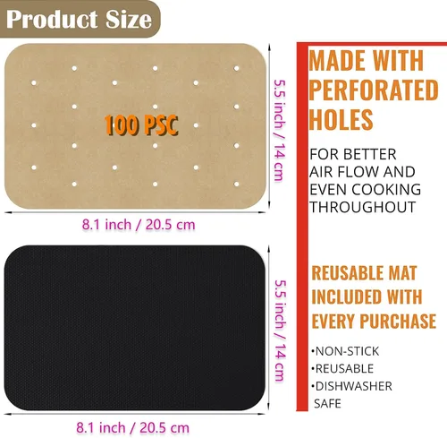 Vista 2 de WMKGG Papel pergamino rectangular para freidora de aire, 100 forros desechables perforados para freidora de aire con 2 alfombrillas de parrilla
