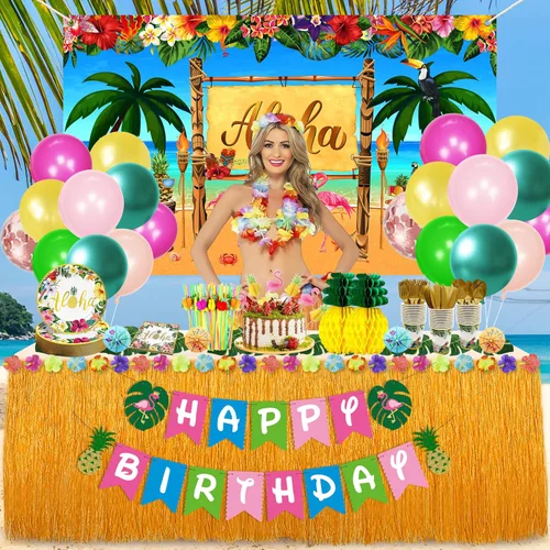Vista 7 de Luau - Decoraciones para fiesta de cumpleaños, 321 piezas, suministros de fiesta hawaiana tropical Aloha para verano, playa, vacaciones, juego