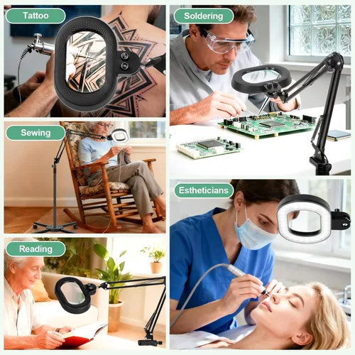 Vista 6 de Lámpara de mesa de aumento de 2 en 1 con luz y soporte, rotación de tres ejes, color infinito, atenuable, lupa iluminada de 12 aumentos, banco