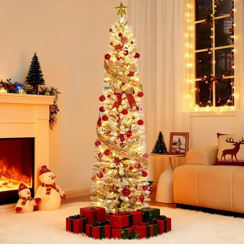 Vista 13 de Árbol de Navidad artificial flocado de nieve de 6 pies, árbol de Navidad delgado sin luz con piñas, puntas de ramas de PVC, soporte de metal